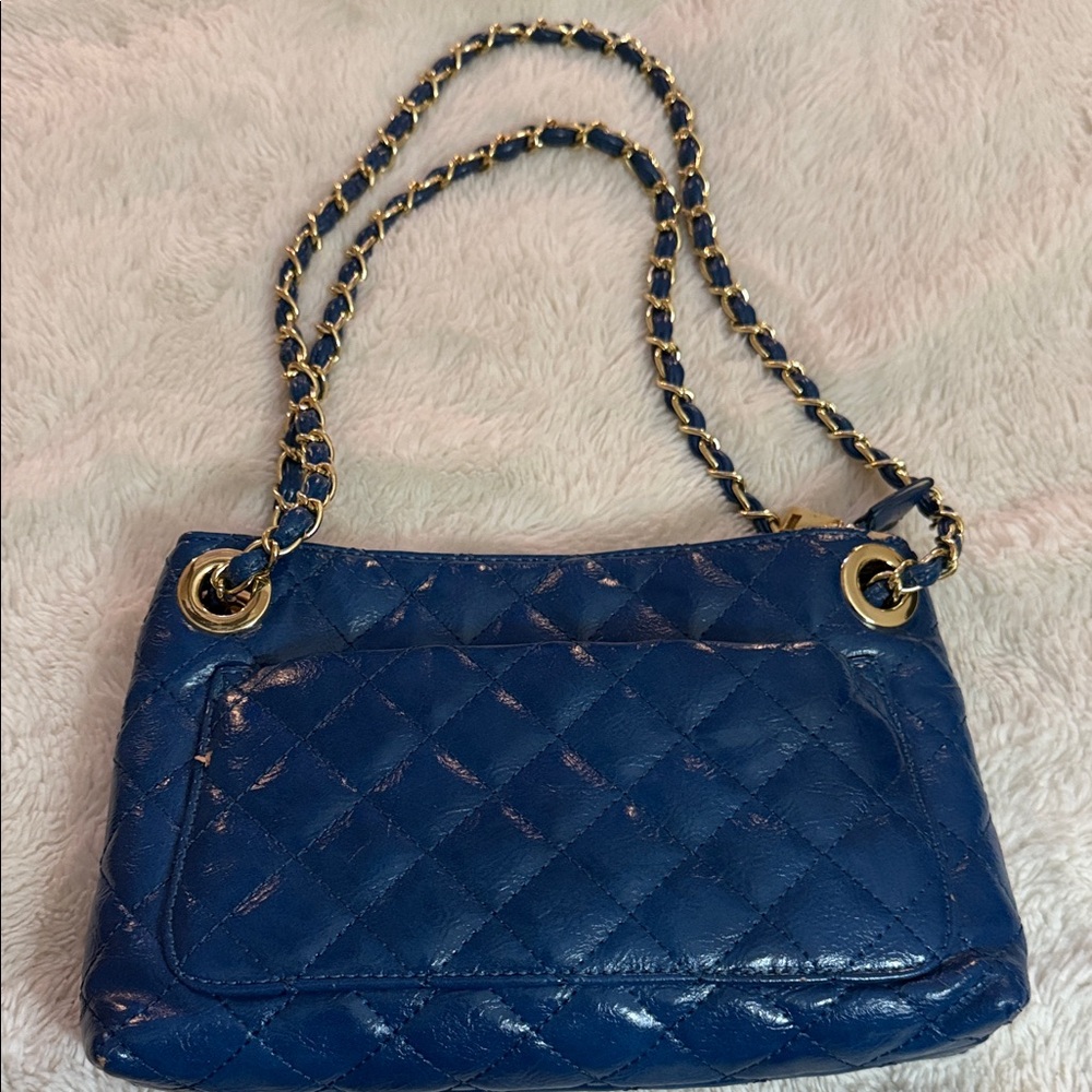 Gianni Bini patent blue leather Quilted Shoulder Bag with Gold Hardware